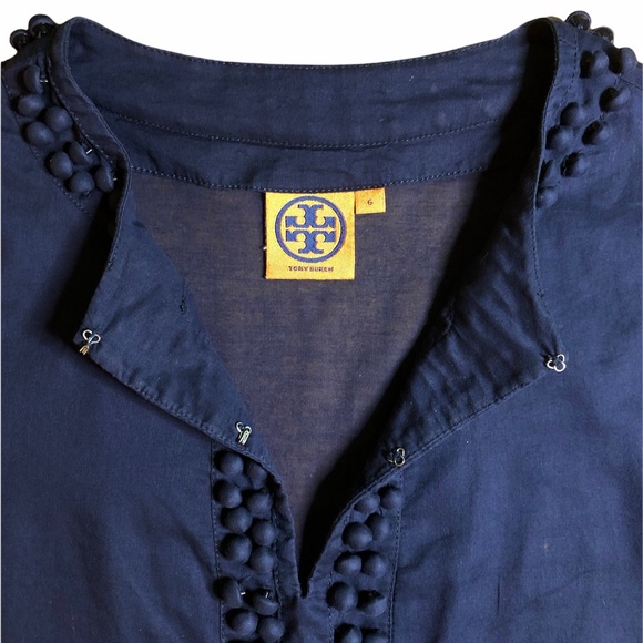 TORY BURCH Navy Embellished Split Crew Neck Top Sz 6 - Picture 4 of 6